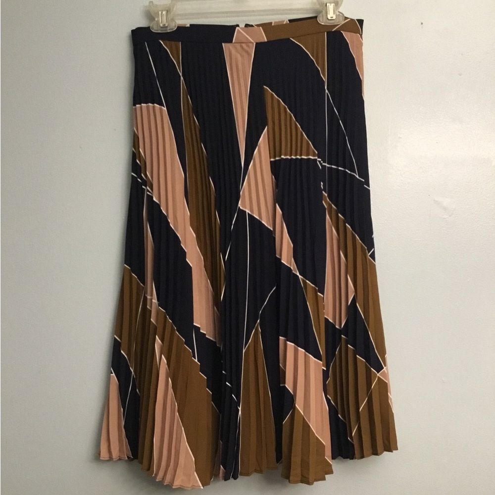 Ann Taylor Pleated Midi Skirt in Navy, Blush, and Brown